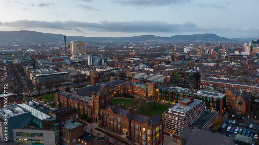 Aerial view buildings in City center of Belfast Northern Ireland. Drone photo, high angle view of town