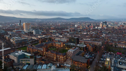 Aerial view buildings in City center of Belfast Northern Ireland. Drone photo  high angle view of town