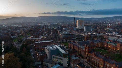 Aerial view buildings in City center of Belfast Northern Ireland. Drone photo, high angle view of town