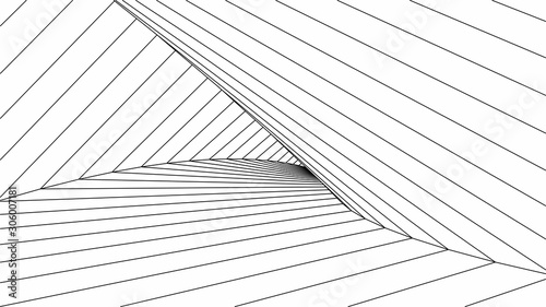 Wireframe 3D tunnel. Perspective grid. Mesh wormhole model. Detailed lines on white background. 3d vector illustration.