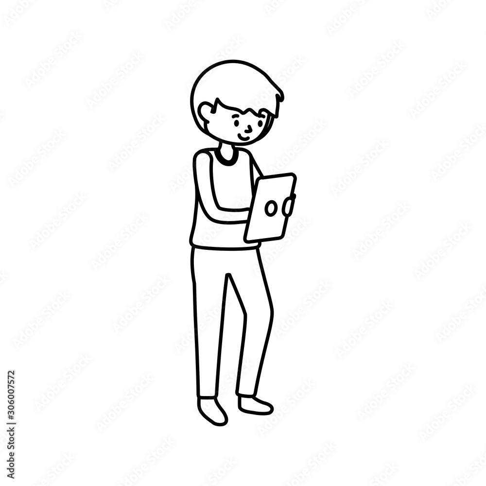 young man student using tablet computer learning online thick line young man student using tablet computer learning online thick line