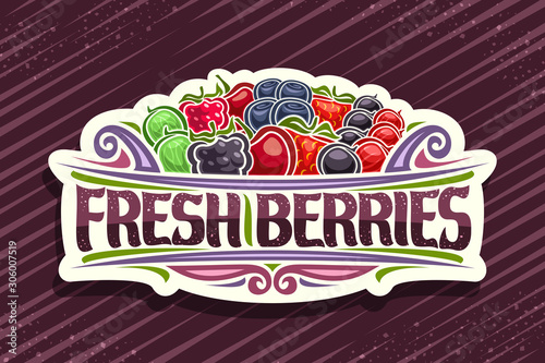 Vector logo for Fresh Berries, decorative cut paper sign with illustration of pile variety berries and design flourishes, concept with original typeface for words fresh berries on striped background.