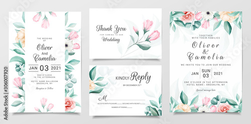 Elegant botanic wedding invitation card template set with colorful watercolor flowers. Floral illustration for background, save the date, invitation, greeting card, poster