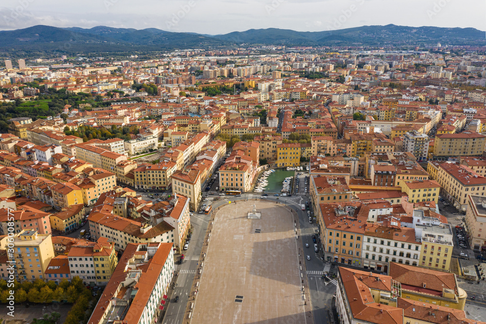 aerial view from drone to central square and mountains in Livorno in Tuscany in Italy