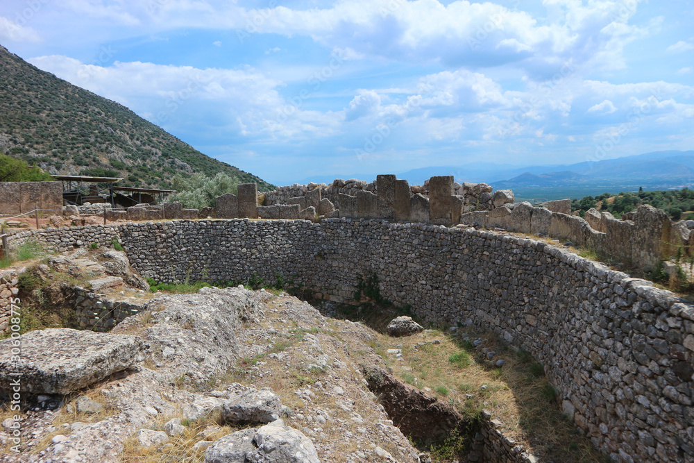 Closeup view to the walls and ruins of ancient greek city Mycenae Peloponnese Greece