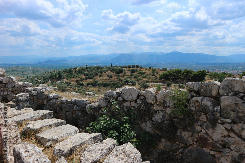 Ancient stones ruins of famous bronze age city Mycenae Peloponnese Greece