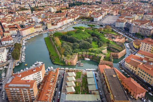 aerial view from drone to ruins of old fortress and city in Livorno in Tuscany in Italy