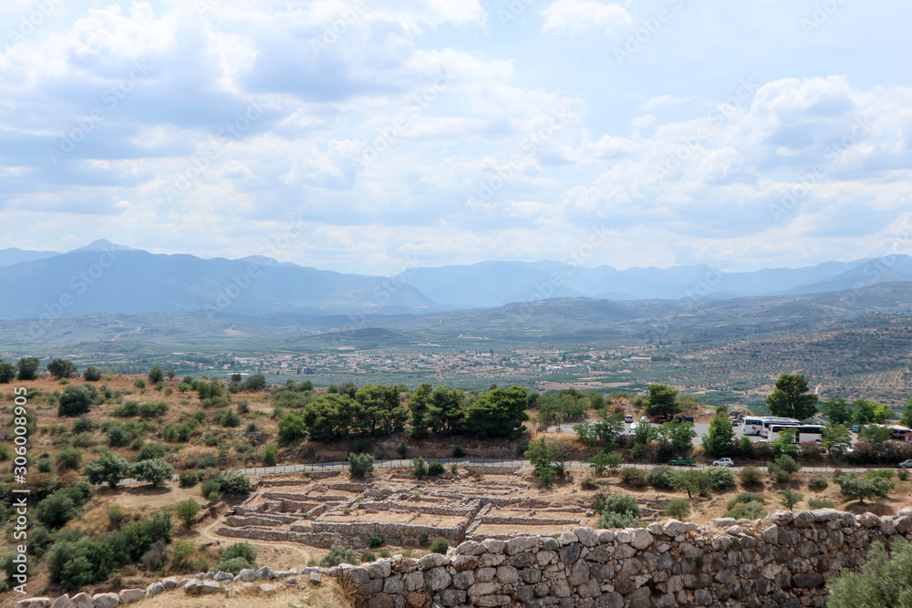 View to lower city from ruins of Mycenae acropolis, Peloponnese, Greece