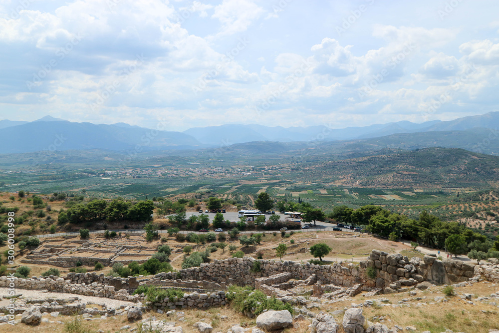 View to lower city from ruins of Mycenae acropolis, Peloponnese, Greece