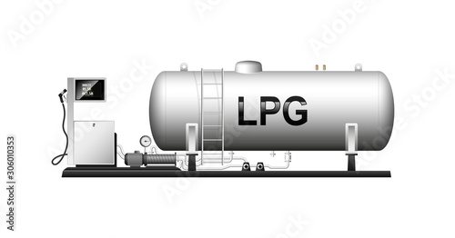 Automotive modular filling with liquefied gas. Large cylindrical cylinder with natural gas. Liquefied petroleum gas. Column with a hose for refueling cars. photo