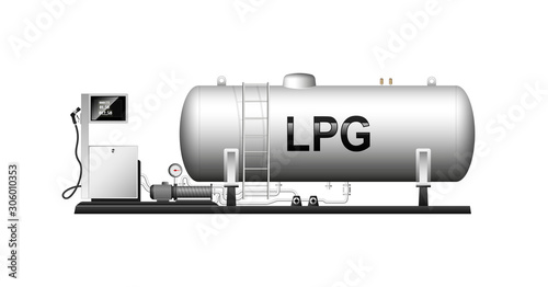 Automotive modular filling with liquefied gas. Large cylindrical cylinder with natural gas. Liquefied petroleum gas. Column with a hose for refueling cars.