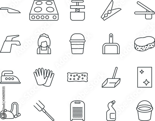 household vector icon set such as: gloves, cable, gardening, maid, organic, bleach, cover, cold, iron, washboard, winter, clothespin, stove, freshness, faucet, architecture, refrigerator, bulb