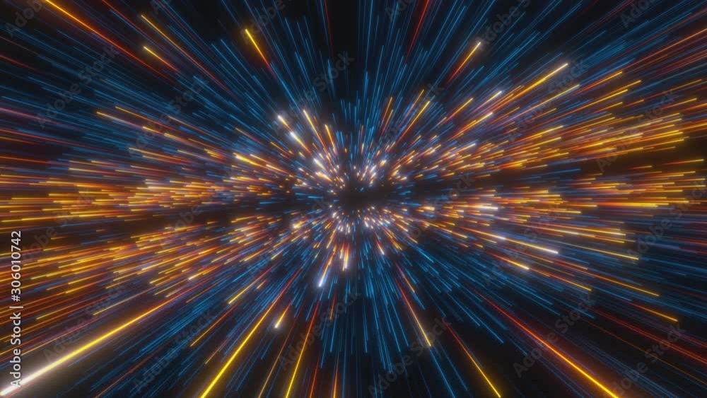 Speed of light in space on dark background. Abstract background in blue, yellow and orange neon colors. Speed of light in space on dark background. Abstract background in blue, yellow and orange neon colors.