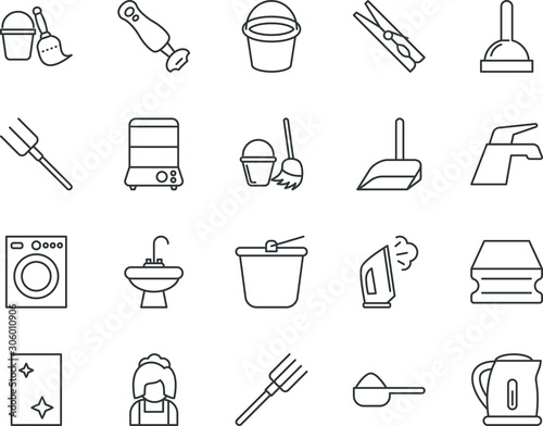 household vector icon set such as: pins, clamp, people, box, tidy, tea, beverages, sweep, dust, drain, blender, package, morning, dirt, electronics, floor, plunger, occupation, pack, washbowl