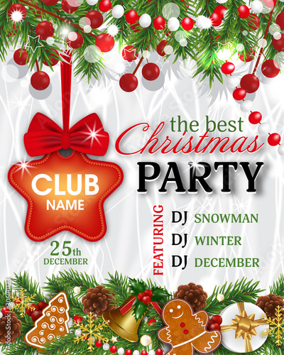 Christmas Party invitation template. Background for Xmas, New Year with decorations fir branches, gingerbread cookies, golden bells, holly berries, cones, Christmas tree. Vector