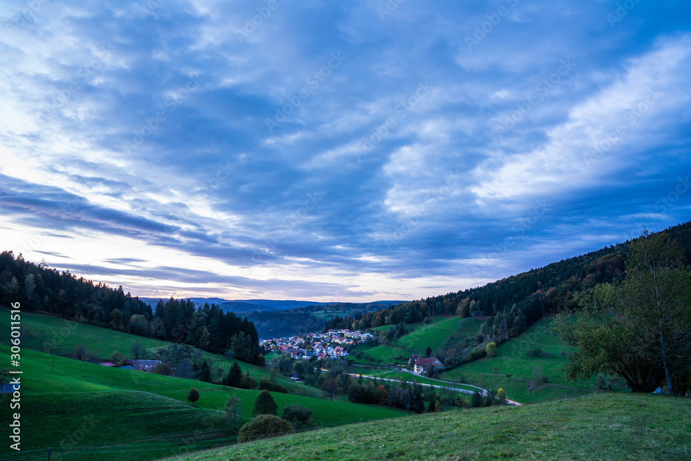 Germany, Black forest village idyl, elzach houses and streets in valley surrounded by conifer trees at sunset, view above green hills after sunset