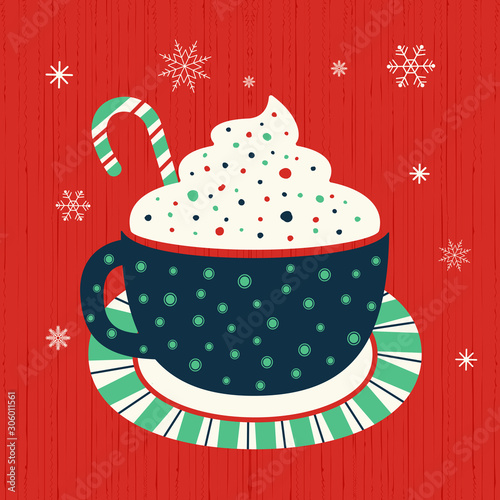 Hot cocoa mug whipped cream flat vector icon