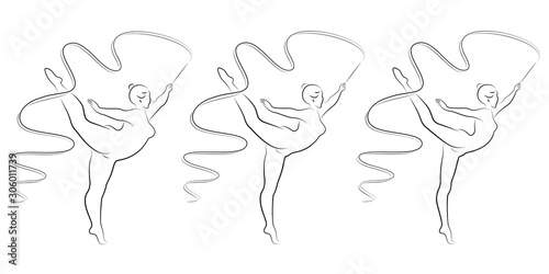 Collection. Silhouette of a cute lady, she is engaged in rhythmic gymnastics with a ribbon. The woman is overweight and slender girl athlete. Vector illustration set.