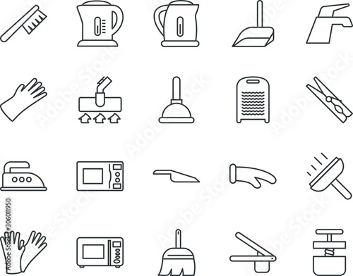 household vector icon set such as: mitt, string, potholder, clothesline, pushing, peg, flatiron, company, plaster, sample, eating, cold-pressed, clothespin, vegetable, rope, crusher, handheld, bath