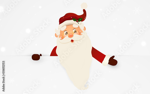 Happy smiling Santa Claus standing behind a blank sign, showing on big blank sign. Cartoon Santa Claus character with white copy space. Santa clause. vector illustration.