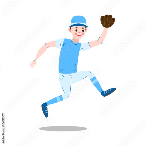 Boy sitting and catching ball during baseball game vector illustration