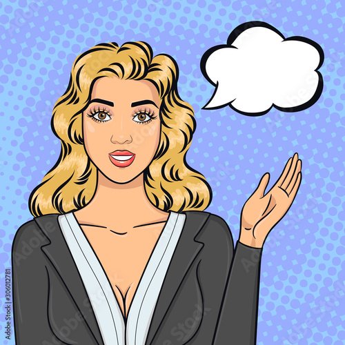 Pop art blonde business woman in suit pointing on speech bubble, offering succesful idea or strategy, vector illustration in retro comic style