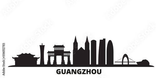China, Guangzhou city skyline isolated vector illustration. China, Guangzhou travel cityscape with landmarks