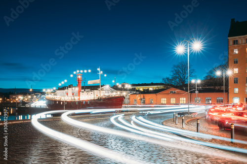 Helsinki, Finland. View Of Pohjoisranta Street In Evening Or Night Illumination