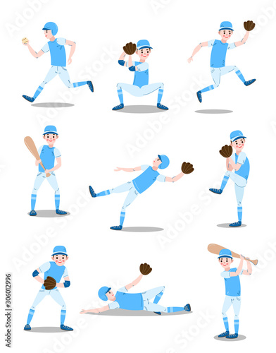 Set of boys playing baseball with bat, ball vector illustration
