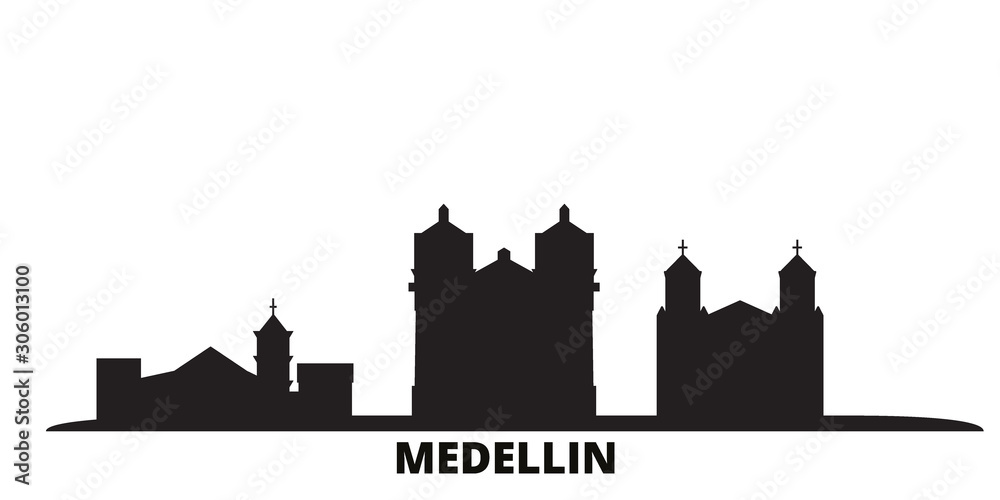 Fototapeta Colombia, Medellin city skyline isolated vector illustration. Colombia, Medellin travel cityscape with landmarks