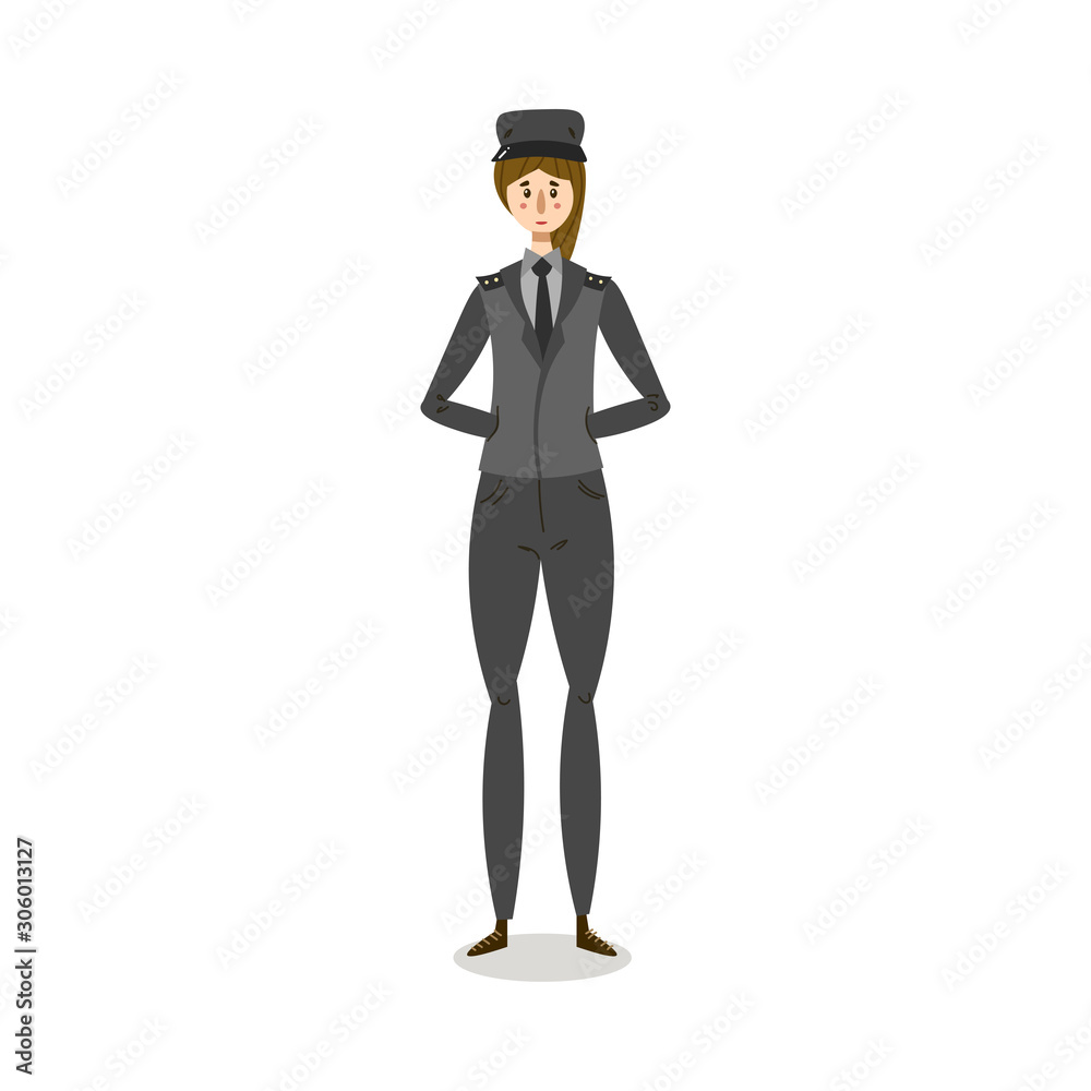 Obraz premium Woman in elegant grey military uniform and cap illustration