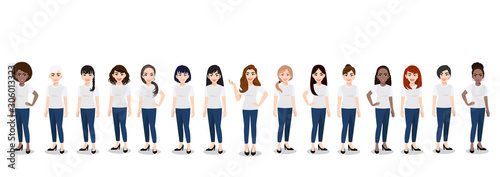 Cartoon character with the women team in T-shirt white and blue jean casual. Happy International women's day flat vector illustration.