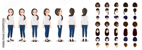 Cartoon character with a woman in T-shirt white casual for animation. Front, side, back, 3-4 view character. Set of female head and flat vector illustration. photo