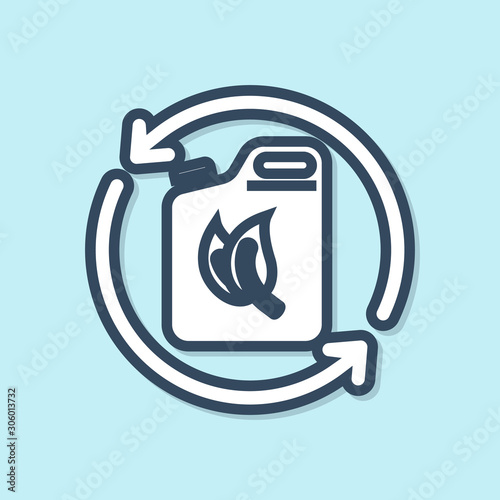 Blue line Bio fuel canister icon isolated on blue background. Eco bio and barrel. Green environment and recycle. Vector Illustration