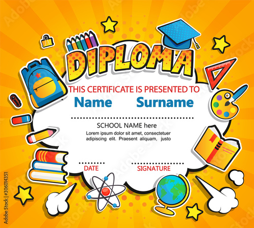 Kids Diploma certificate on retro vintage background. Template for Kindergarten, Preschool, Elementary school children certificates with school equipment for celebration finishing education. Vector