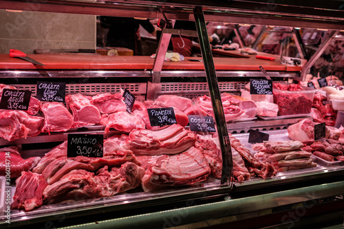 Fresh raw meat sold at the market in Alicante, Spain