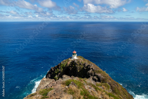 Makapu'u Point Lighthouse looking out over a beautiful blue expanse of ocean, Oahu, Hawaii, USA
