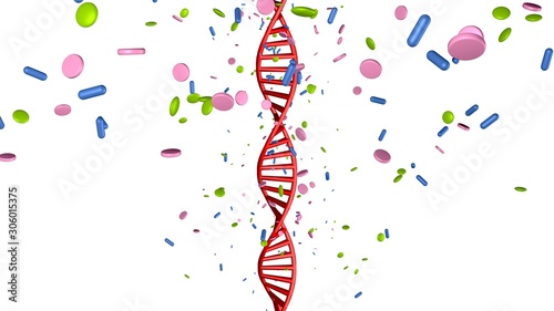 Variety of medications , capsules ,  pills  circling around DNA strand. Pharmacogenomics , Pharmacogenetics themes.3d rendering illustration.  photo