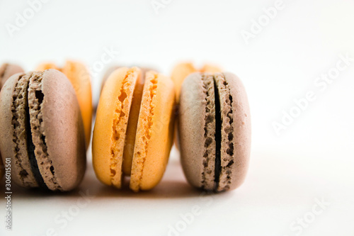 Macaroons on white background top, colorful macaroons, selective focus