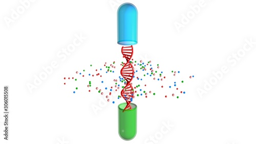 Pill capsule opens and releases drugs , DNA strand. Pharmacogenomics , Pharmacogenetics themes. 3d rendering illustration photo