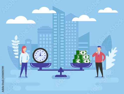Business concept. Time and money on the scale on the city background. Business people near the scales.