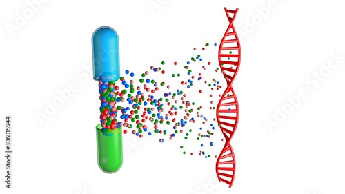 Pill capsule opens and releases drugs to DNA strand. Medication interacting with double-helix. Pharmacogenomics , Pharmacogenetics themes. 3d rendering illustration photo