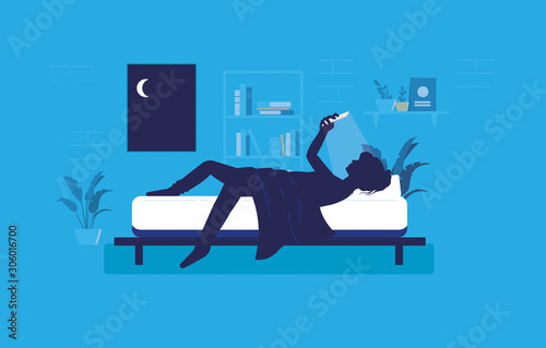 Woman lying awake in bedroom at night using her phone. Smartphone light in face, Restless, sleep deprivation, social media addiction concept. Vector illustration.