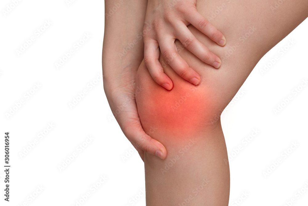 description of pain in the knees marked with a red spot on a white background
