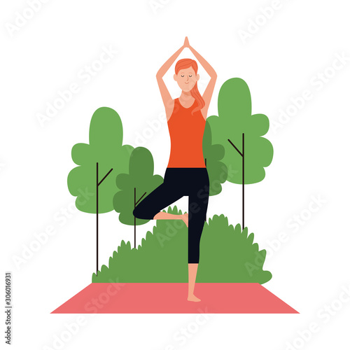 cartoon woman doing yoga tree pose at outdoors, flat design