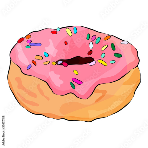 Donut with pink glaze isolated on the white background. Flat style.