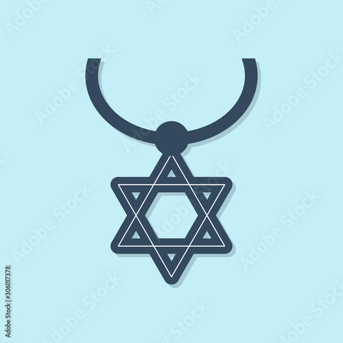 Blue line Star of David necklace on chain icon isolated on blue background. Jewish religion symbol. Symbol of Israel. Jewellery and accessory. Vector Illustration