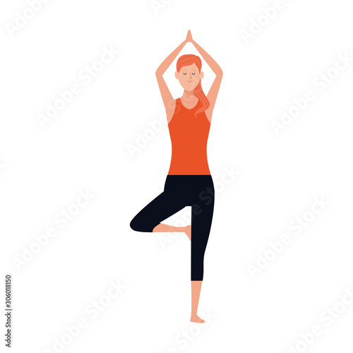 cartoon woman doing yoga tree pose icon, flat design