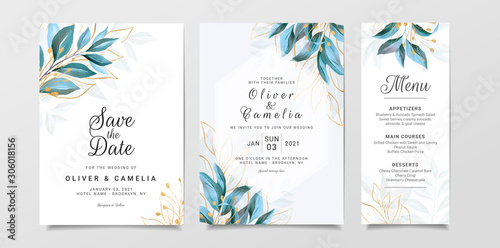 Greenery wedding invitation card template set with watercolor leaves and gold glitter. Floral illustration for background, save the date, invitation, greeting card, poster