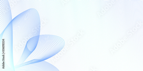 Blue floral pattern on wavy thin curves. Light colored watermark. Abstract vector guilloche. Coupon, cheque, ticket, banner template. Creative art line design. White background. EPS10 illustration